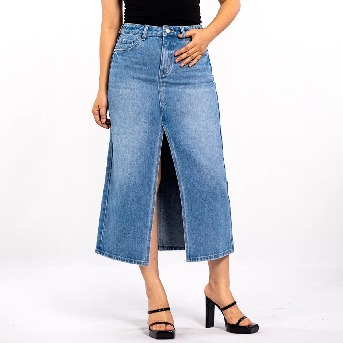 Custom Blue Washed Straight High Waist Split Denim Skirt for Women