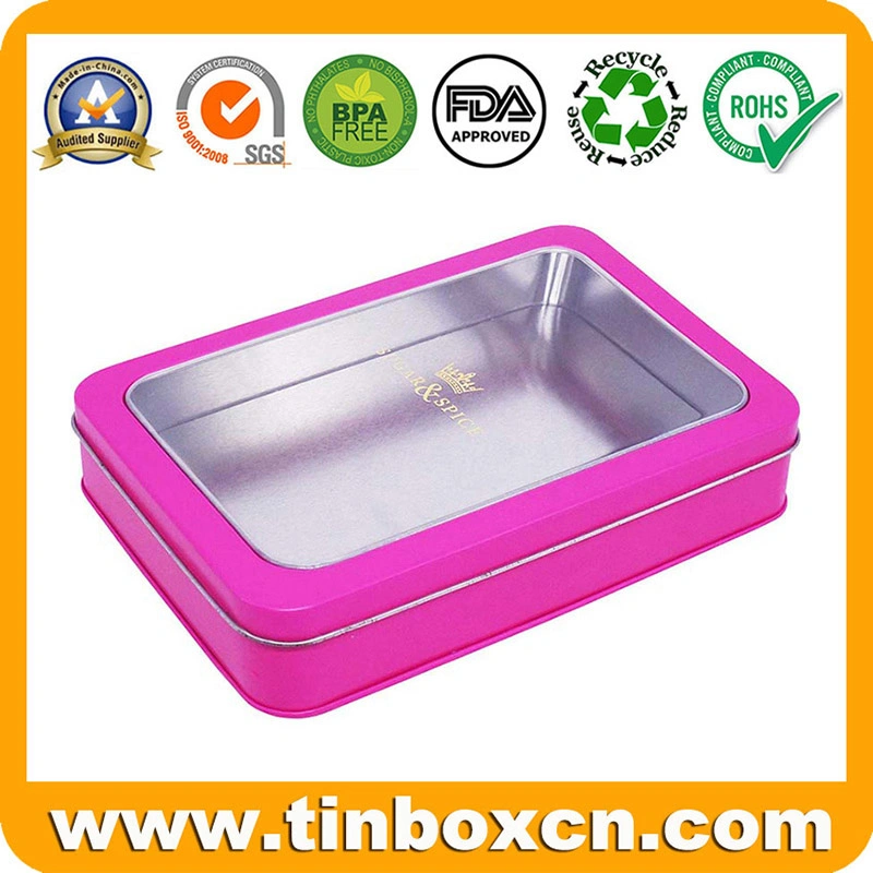 Food-Safety Rectangular Metal Tin Box with Clear PVC Window Lid for Packing Candy Chocolate Gifts