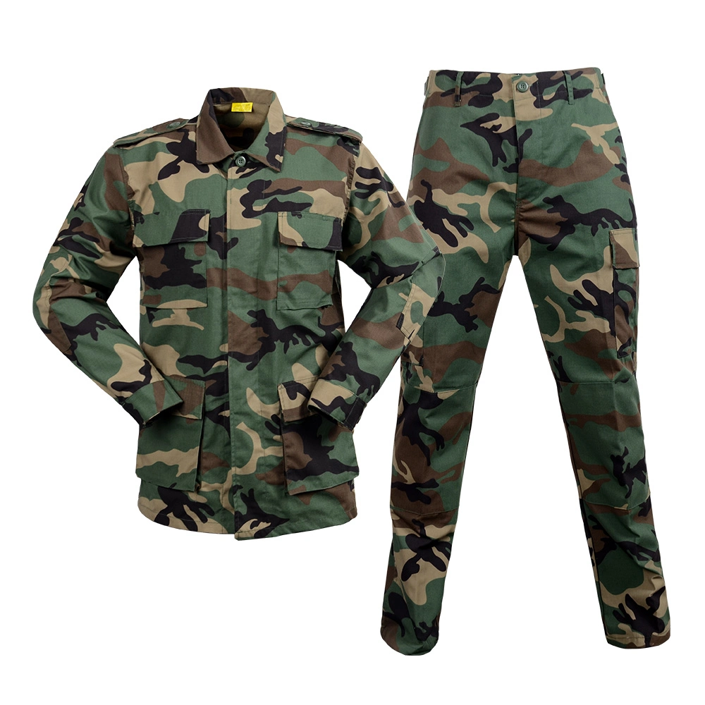 Uniforme estilo militar de combate para hombres de la Policía Militar, 65% poliéster y 35% algodón, camuflaje boscoso, estilo BDU del ejército