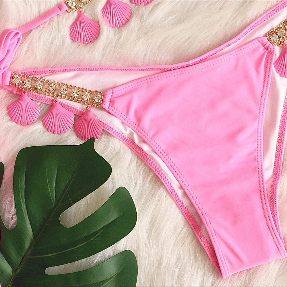 Micro String bikini brasileño Rosa sexy traje de baño Trajes de baño de la cadena de joyas de concha