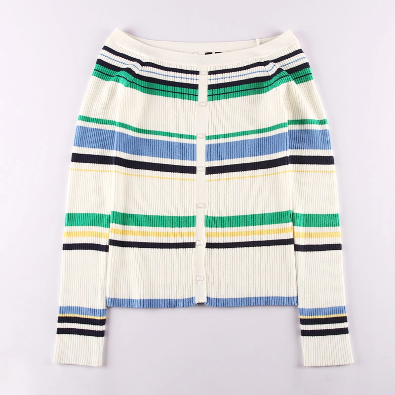 New Second-Hand Low-Cost Contrasting Striped Cardigan Jacket Women's Thin V-Neck Slim Fit Sweater Top