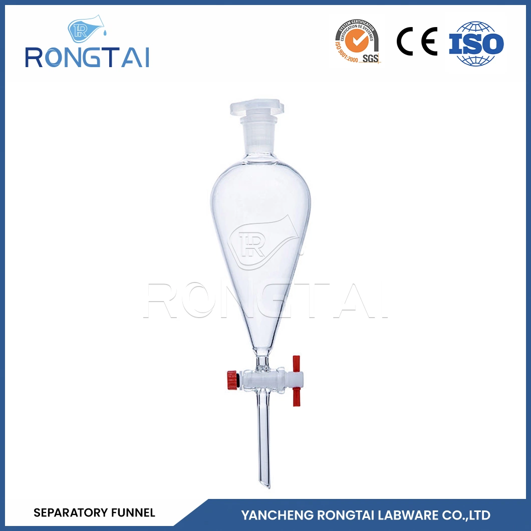 Rongtai Química Mayorista de equipos de laboratorio de vidrio de laboratorio China forma de la oreja Embudo de separación con tetrafluoro Pist