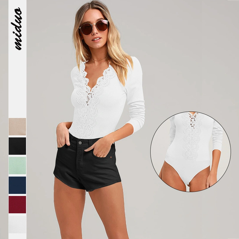 Ajuste ceñido manga de encaje Wholesales V cuello tendencias Casual Top Ropa de camisas