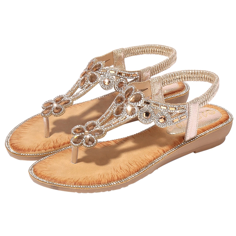 Hot Sale Rhinestone Sandals Slippers Round Toe Korean Flat-Heel Shoes Hollow Bohemian Comfortable Summer Women Shoe Ladies Shoes