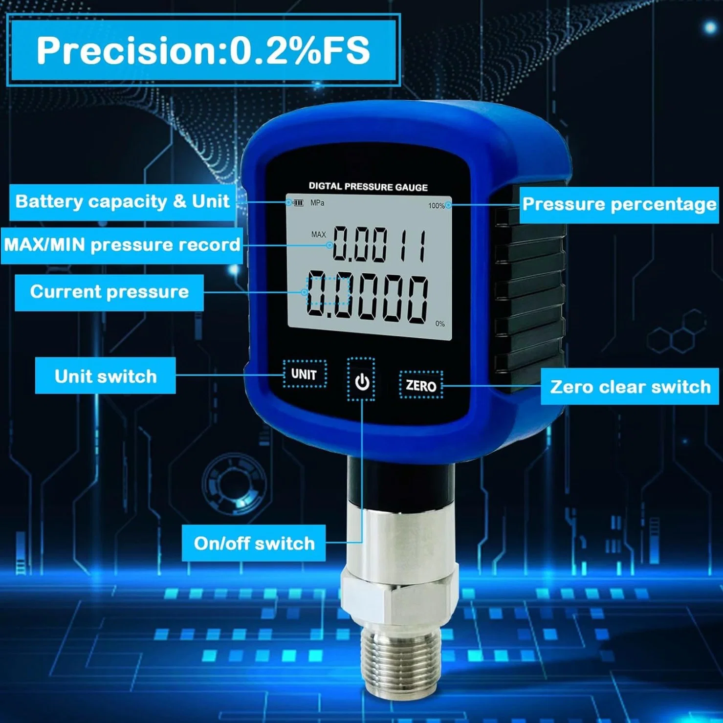 MD-S281 Digital Hydraulic 10000 Psi 0.2% Fs Accuracy Air Pressure Gauge 1/4 Inch NPT Thread with Bluetooth Cell Phone Connection and 330&deg; Rotation