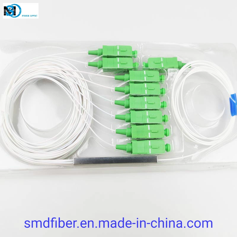 FTTH 1X8 0.9mm Mini Blockless Fiber Optic PLC Splitter with Sc/APC Connector