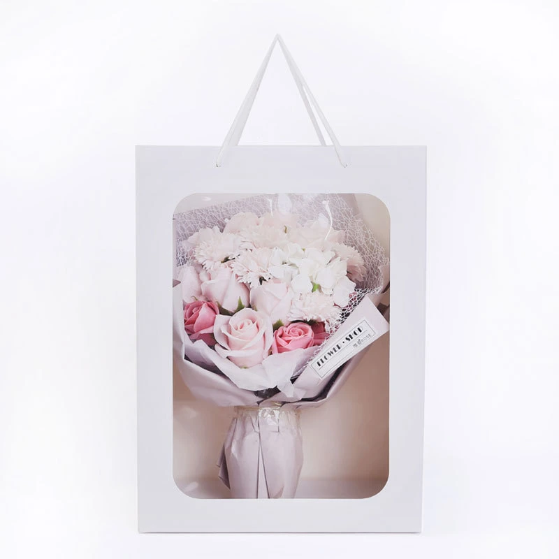 Transparent Window Rose Bouquet Flower Bag Paper Packaging/Flowers Doll Shopping Gift/Custom Logo Cheap Carry Paper Bag