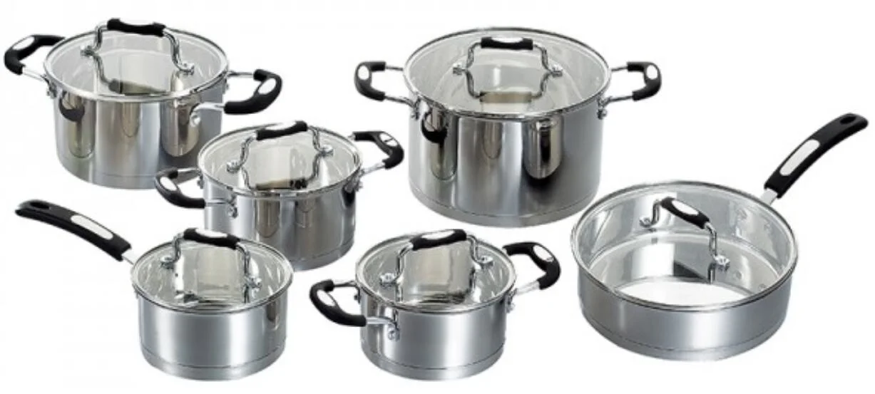 Batterie de cuisine en acier inoxydable 12PCS avec couvercle en verre trempé plat, casseroles et poêles en métal compatibles induction, ustensiles antiadhésifs pour tous les plans de cuisson