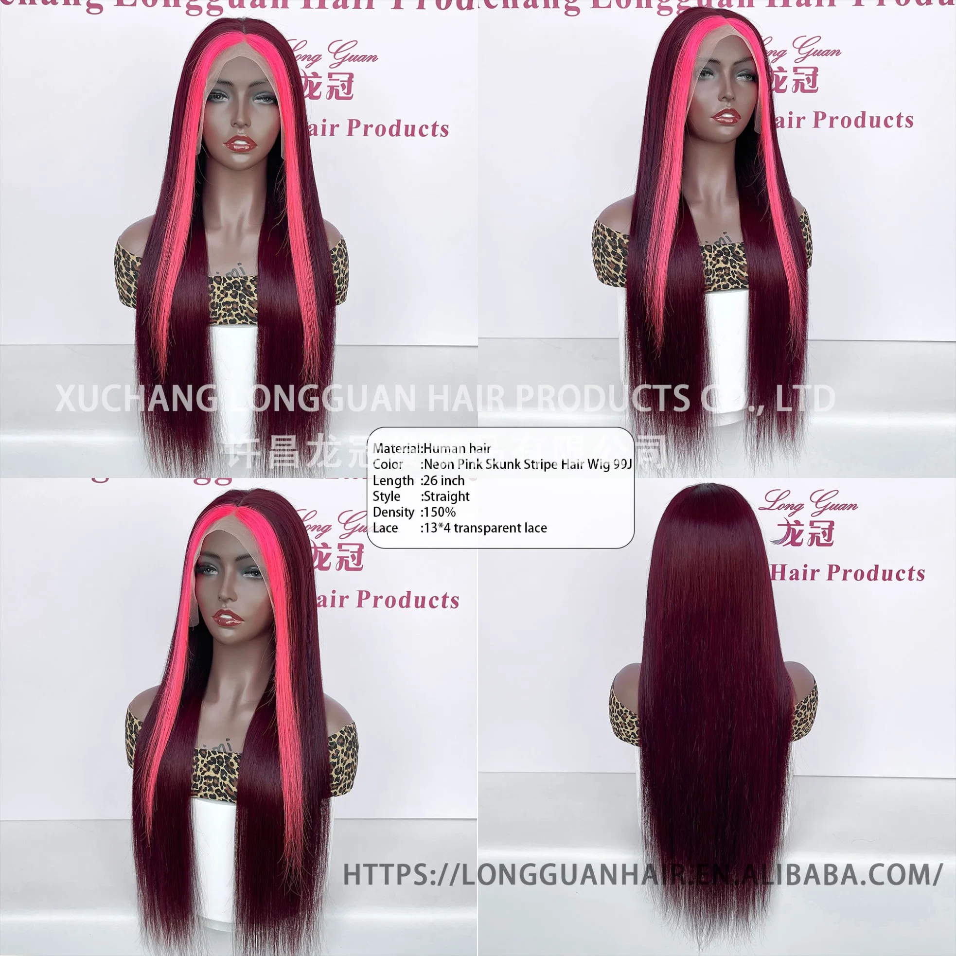 Human Hair 26-Inch Neonpink#99j# Straight 13X4 Skunk Stripe Lace Front Wigs