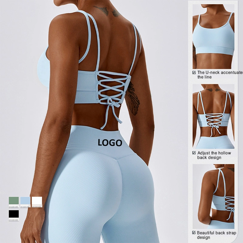 Wholesale/Supplier Factory 2023 New Yoga Bra Padded Deep U Neck Strappy Dry Fit Yoga Bra Running Fitness Sports Underwear Tight Yoga Suit Top Sports Bra