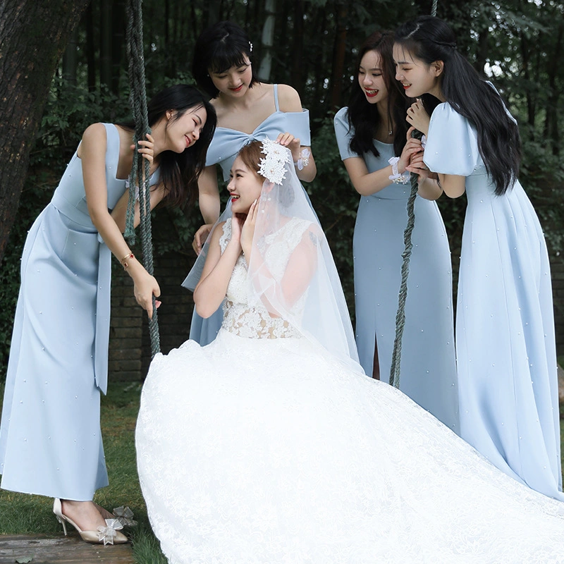 Blue Satin Bridesmaid Dress Autumn and Winter Fairy Sisters Party Long Dress Bridal Wedding Dress