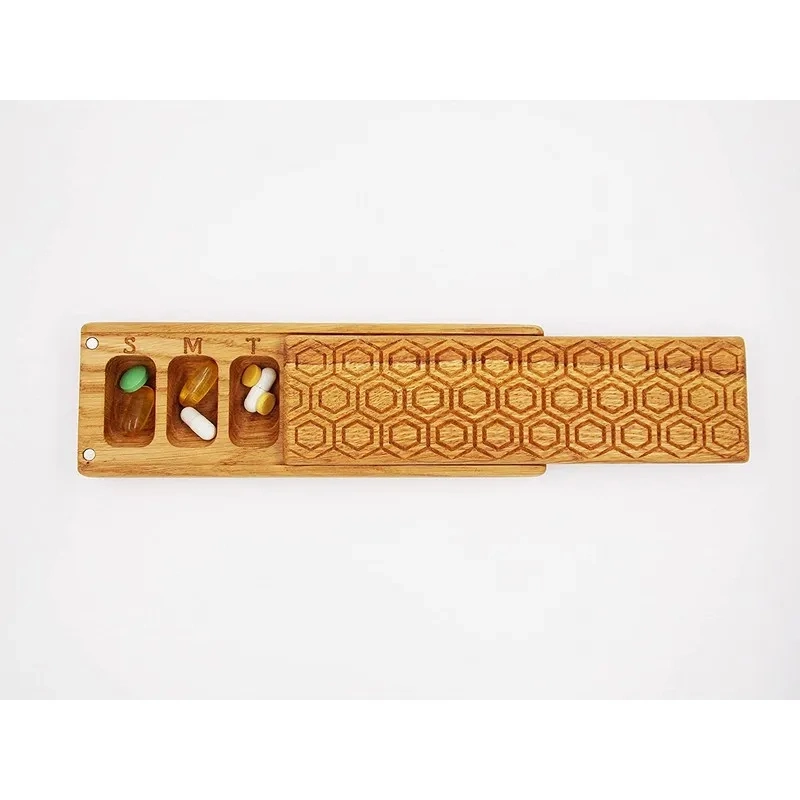 Earring Ring Jewelry Storage Rectangle Decorative Box Daily Weekly Vitamin Medicine Pill Organizer Case Wooden Box