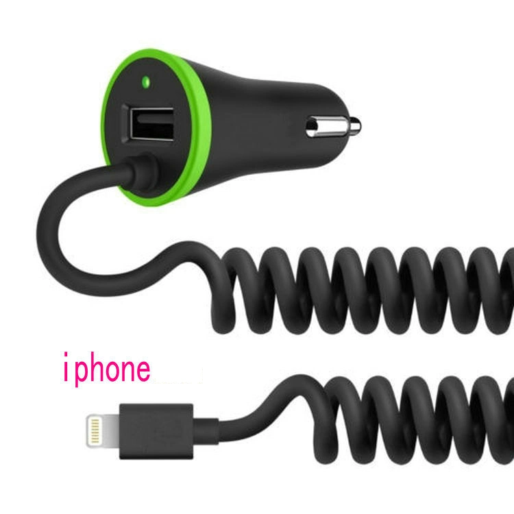 5V/2.4A Chargeur de voiture USB avec 1,2 m de câble à ressort pour l'iPhone7/8/X