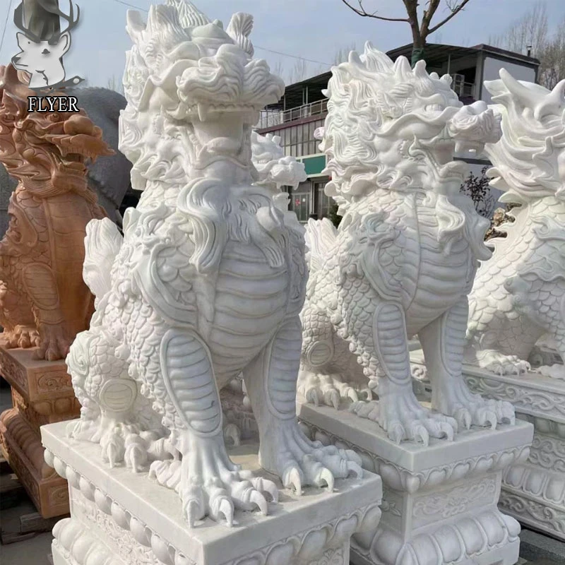 Garden Decoration Chinese Qilin Kylin Stone Carving Statue Feng Shui Marble Sculpture White Marble Kirin Sculpture