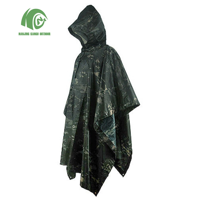 Kango Military Camouflage Portable Polyester PU Coated Raincoat Rain Poncho for Camping Hiking Hunting