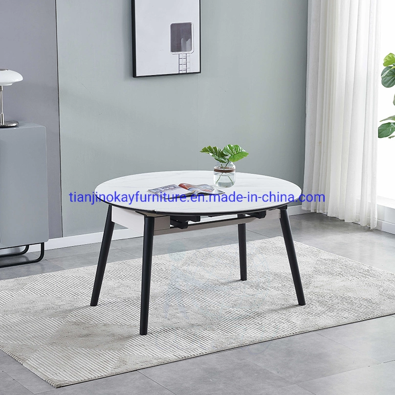 Placa cerámica moderna redonda extensible mesa de comedor 6 personas con aspecto de mármol de la Mesa del bastidor de madera de roble macizo cocina de inducción