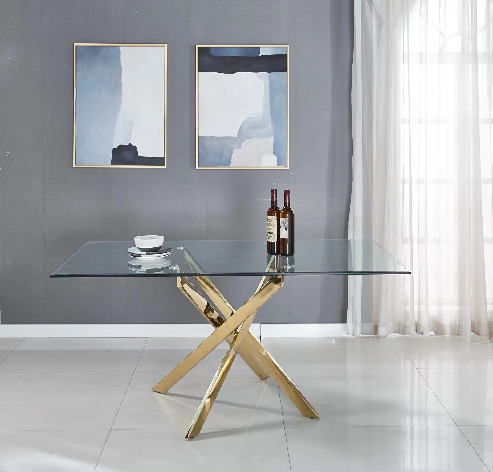 Modern Transparent Tempered Glass Dining Table with Gold Stainless Steel Frame