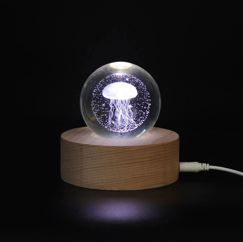 Magic Jellyfish 3D Crystal Night Lamp Wooden LED Base USB Mood Light