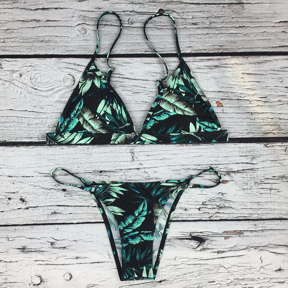 Bamboo Leaves Print Tanga Bottom Swimsuit Pull up Bikini Set