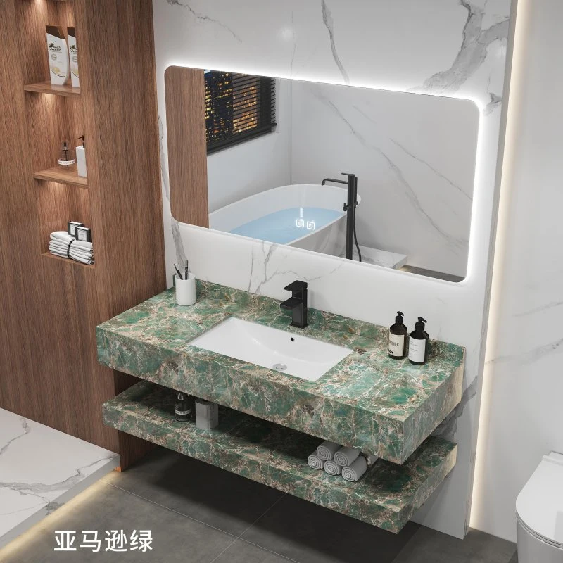 Pedra artificial Hung de parede com lavatório cerâmico em mármore branco integrado Casa de banho com pia