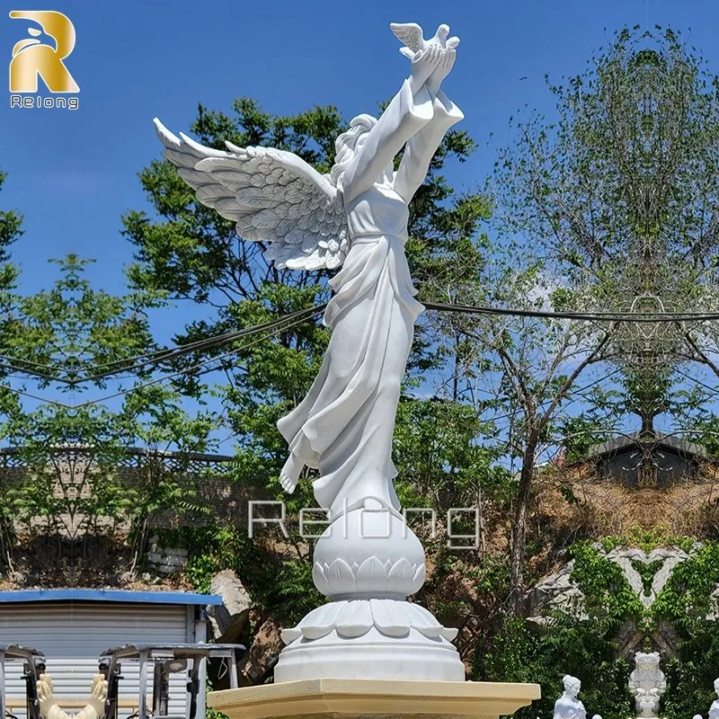 Life Size Pure White Marble Angel of Peace Holding Dove Statue