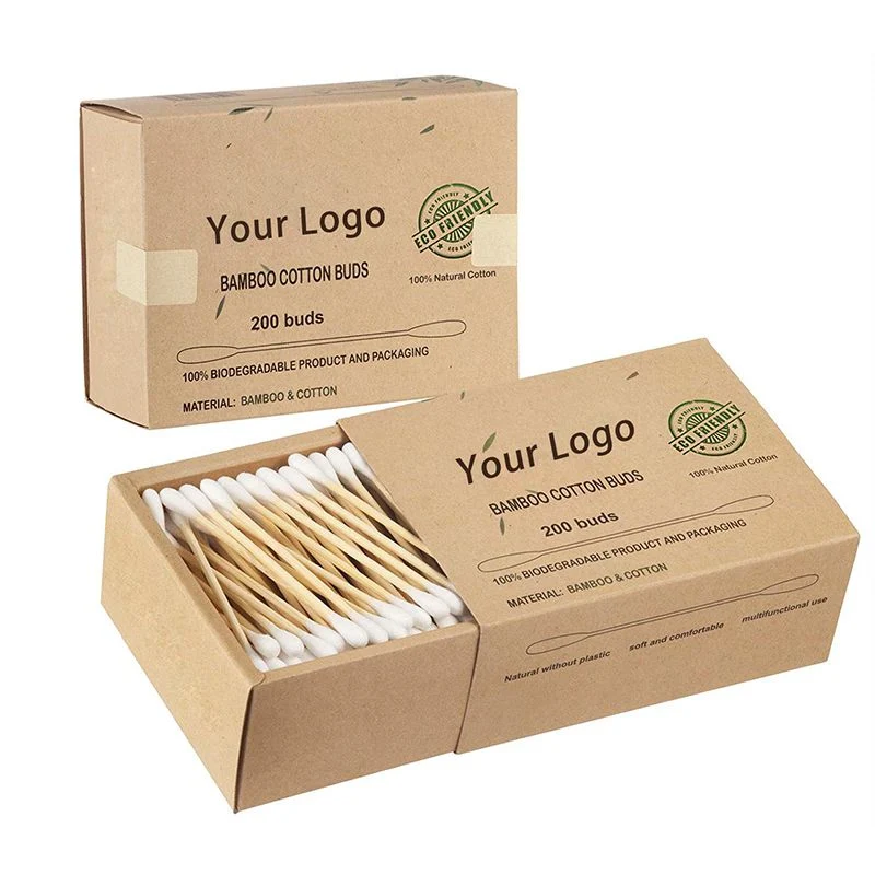 200PCS Plastic Free Biodegradable Paper Box Bamboo Stick Cotton Swabs