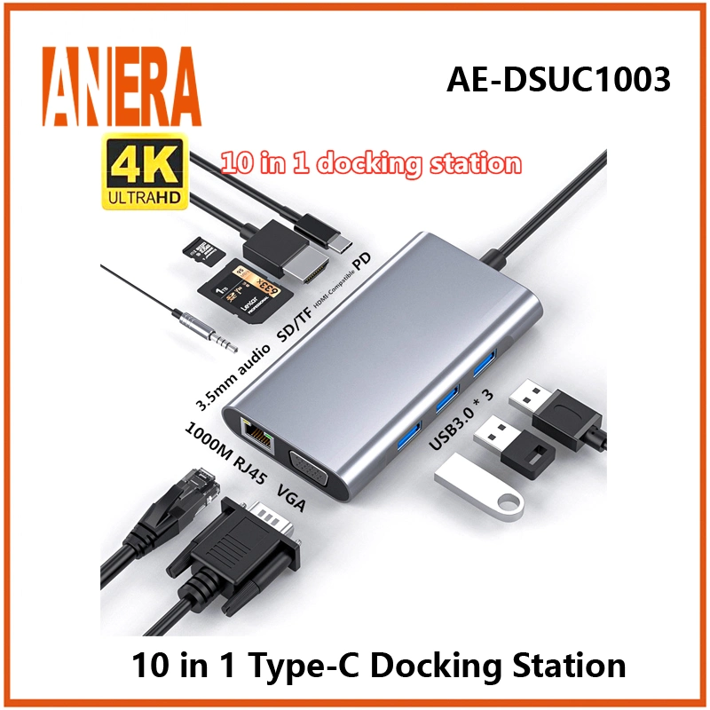 New 10 in 1 Type C Hub USB C to HDMI VGA SD/TF Card Reader RJ45 4K1080p USB3.0/2.0 3.5mm Audio Docking Station for Laptop