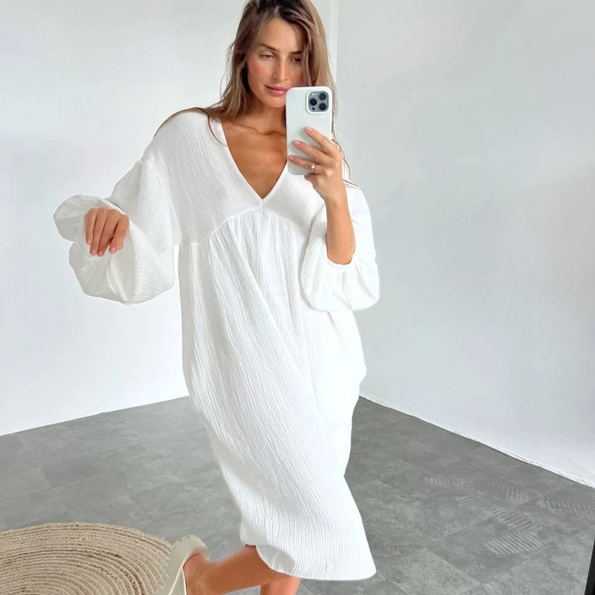 Long Sleeve Muslin Cotton Morning Gown Women Dress Sleepwear