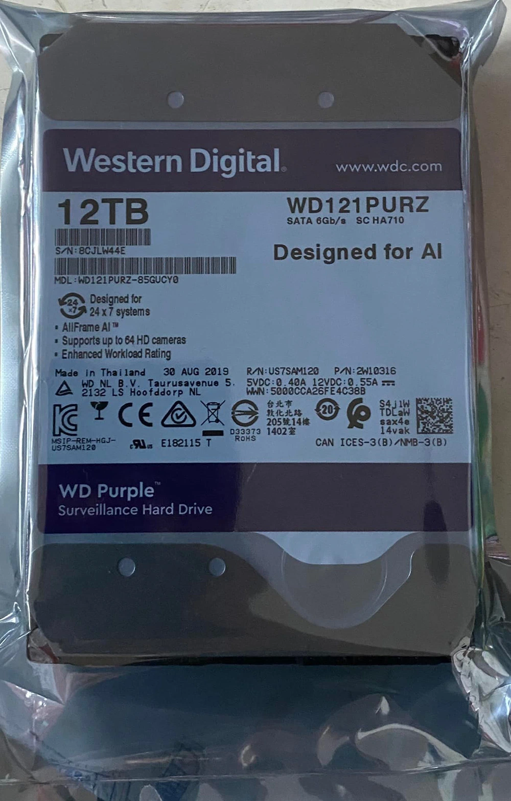 Western Digital de 3,5" de color púrpura 12000 GB de disco duro ATA serie III 12TB de disco duro a 7200 rpm, 256 MB de WD121purz HDD/SSD