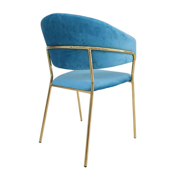 Оптовая торговля домашней мебели золото хром утюг ног обеденный стул синего бархата ткань стул для гостиной