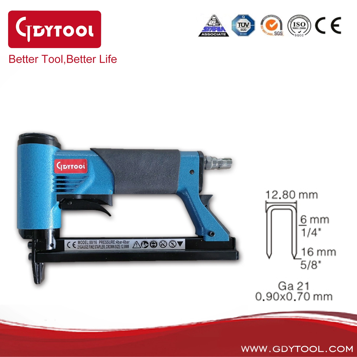 Pneumatic Stapler, Ga. 21, 1/2&prime; &prime; Wide Crown Staplerprofessional Pneumatic Staple Nail Gun Gdy-8016c