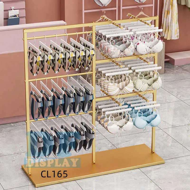 Retail Store Fixture Hanging Clothes Custom Shop Design Metal Gold Clothing Dress Display Rack Underwear Display for Boutique Wooden Metal MDF Rack