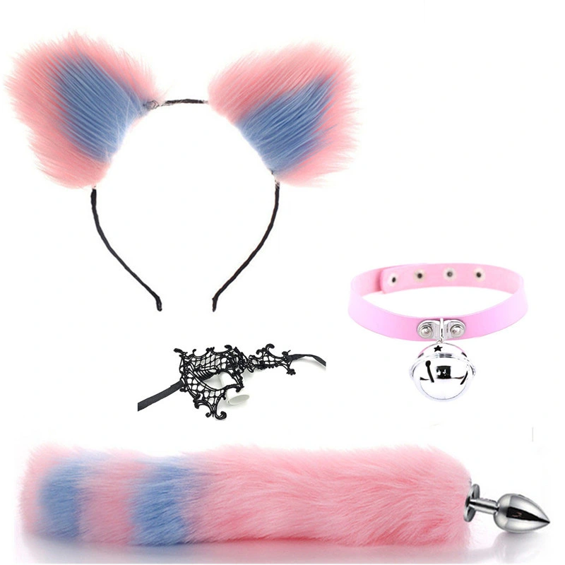 4PCS Pink Blue Tail Stainless Steel Cat Ears Headband Chain Collar Charms Lace Eye Mask Set Anal Plug for Female