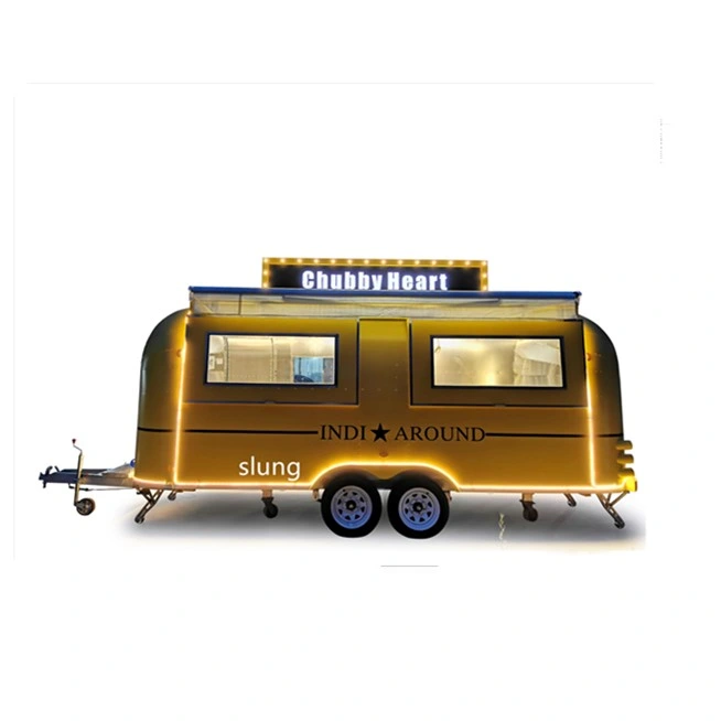 Yellow Airstream Pizza Waffles Mobile Fast Food Trailer Large Camping Airflow Truck