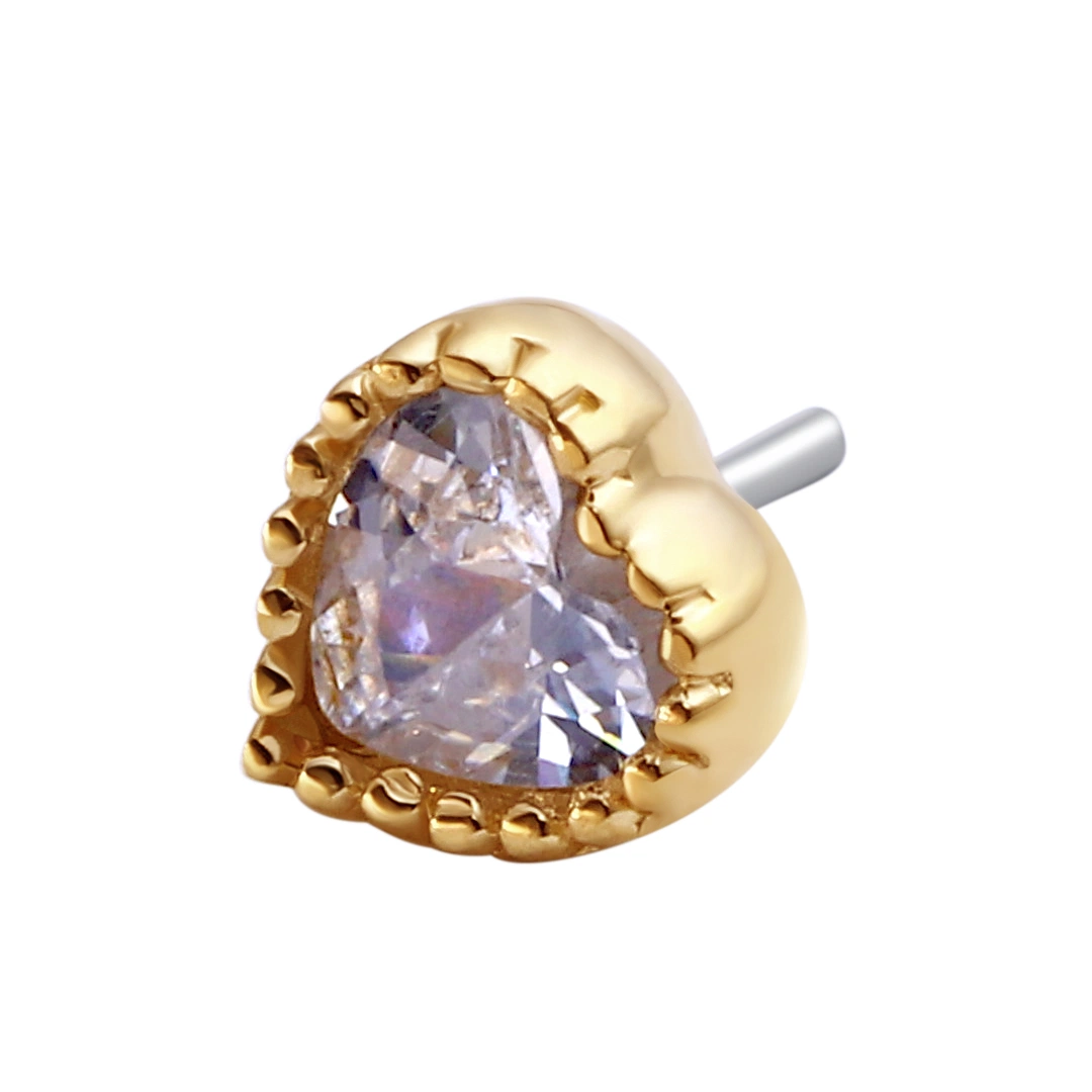 14K Solid Gold Threadless Heart Shape Ends with Zircon Labret