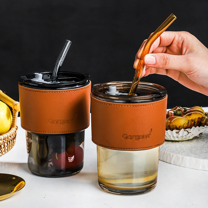 Portable Creative Glass Coffee Cups with Lid and Straw Glass Cup with Leather Sleeve