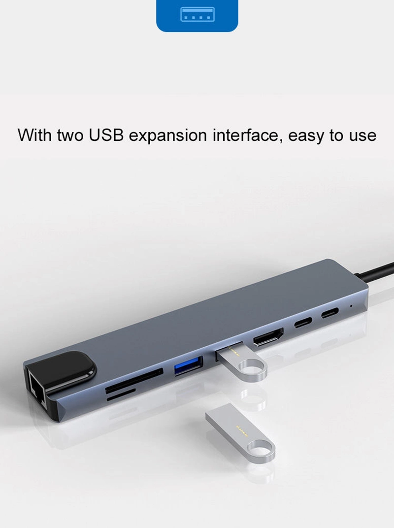 OEM 8 in 1 Type C Hub Aluminum Alloy Shell USB Hub 3.0 Charging Station Dock USB C Hub 4K 30Hz+USB3.0+USB2.0+Pd