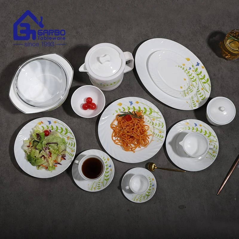 Luxxury Opal Glass Dinnerware Set with Decal Design for Family Service