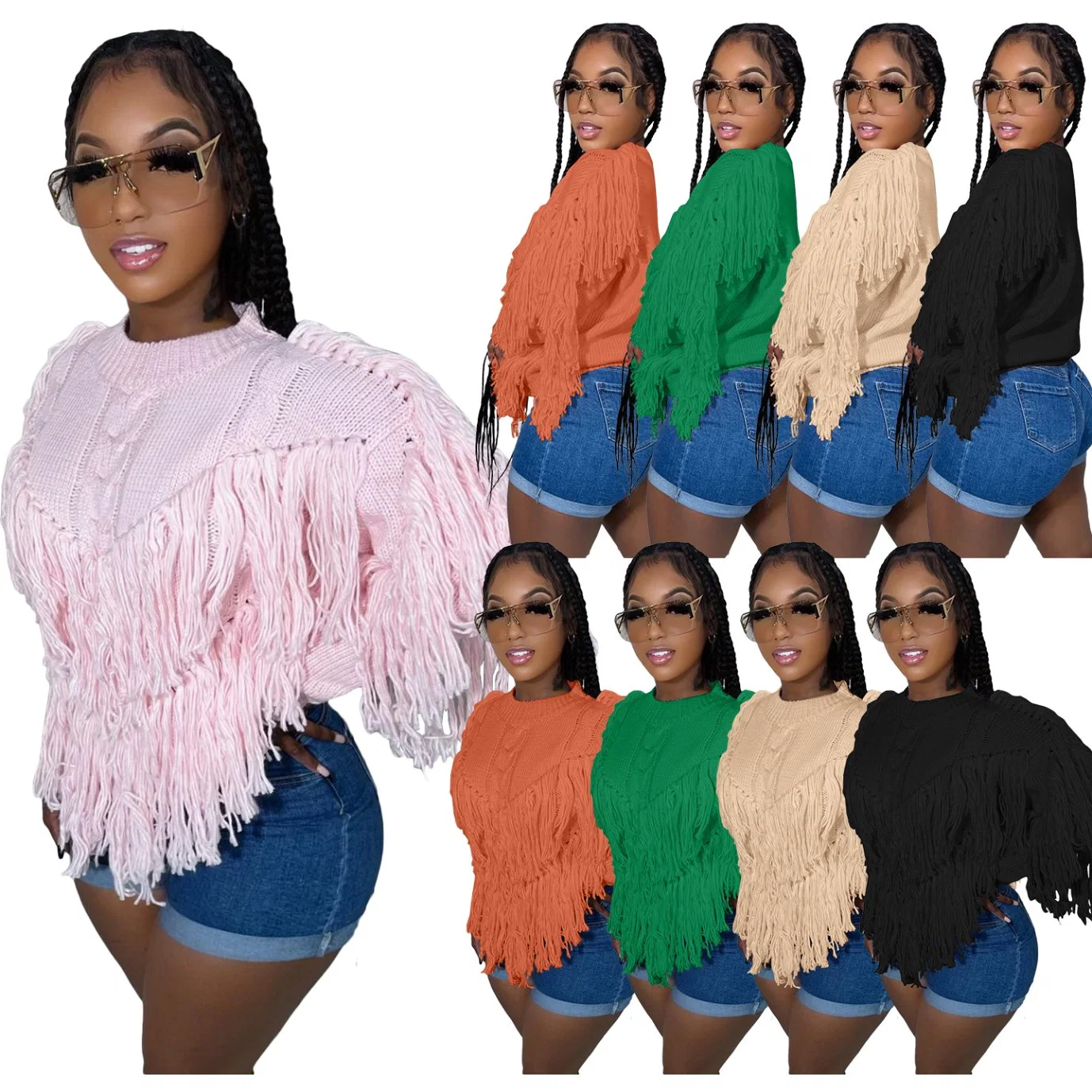 L9986 Solid Knitted Fringed Sweater