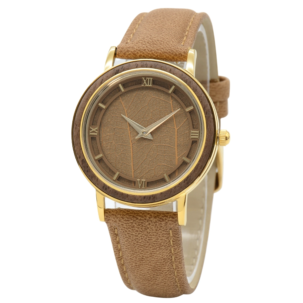 Bewell Latest Fashion Luxury Gift Vegan Leather Real Leaf Dial Lady Wrist Wood Watch