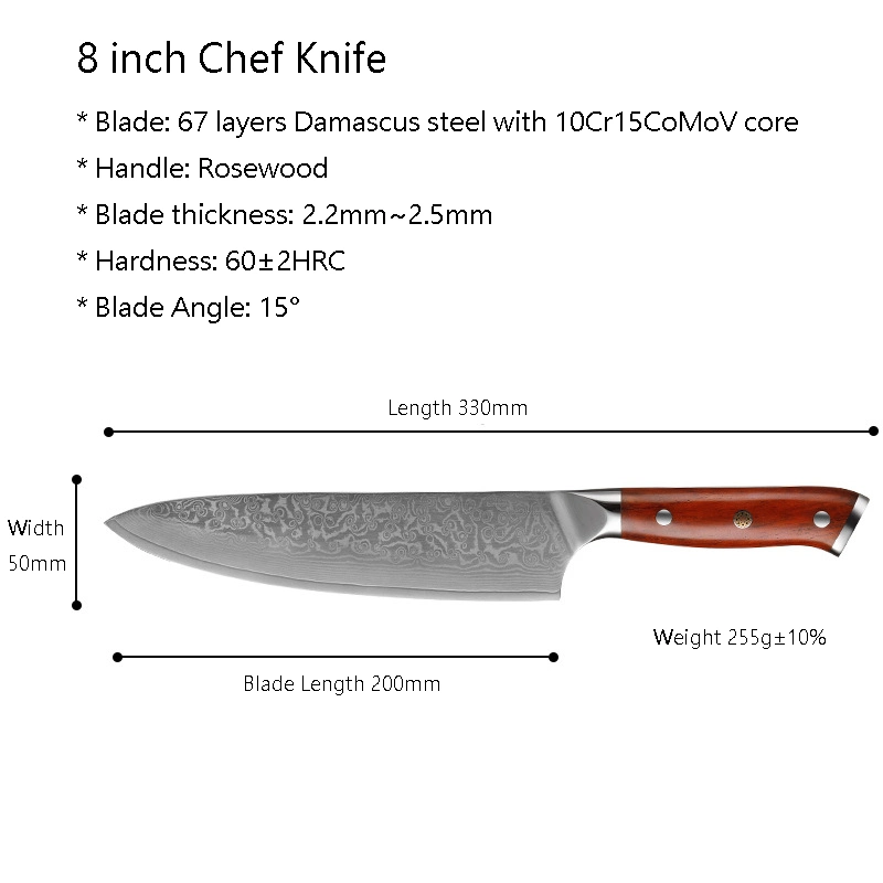 8 Inch Professional 67 Layers Damascus Steel Rosewood Solid Wood Handle Sharp Kitchen Chef Knife with Gift Box