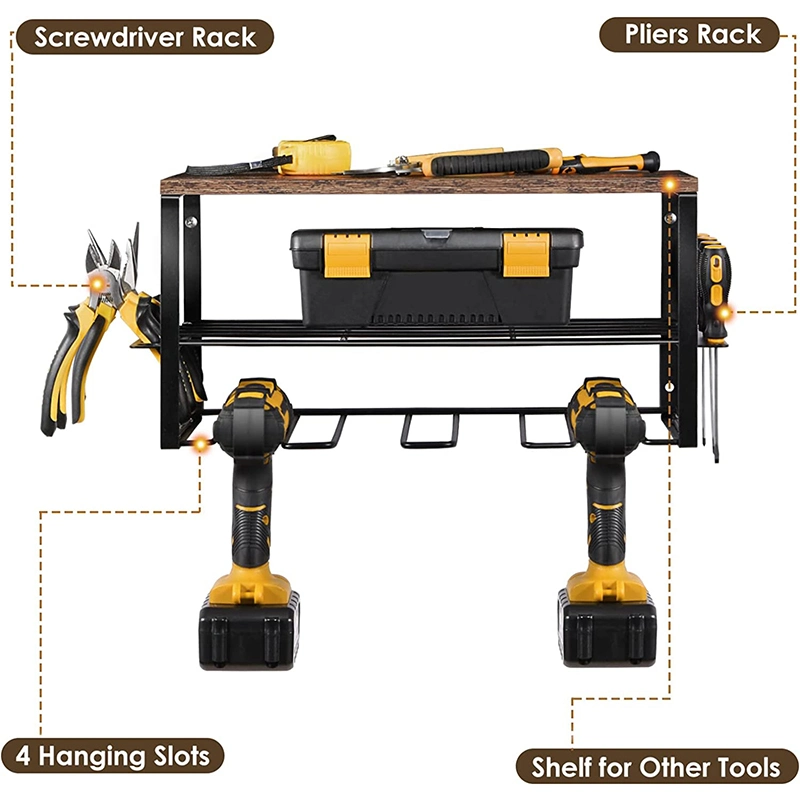 Garage Power Drills Hanging 3 Tier 4 Drill Power Tool Storage Organizer with Wooden Tool Storages Power Rack