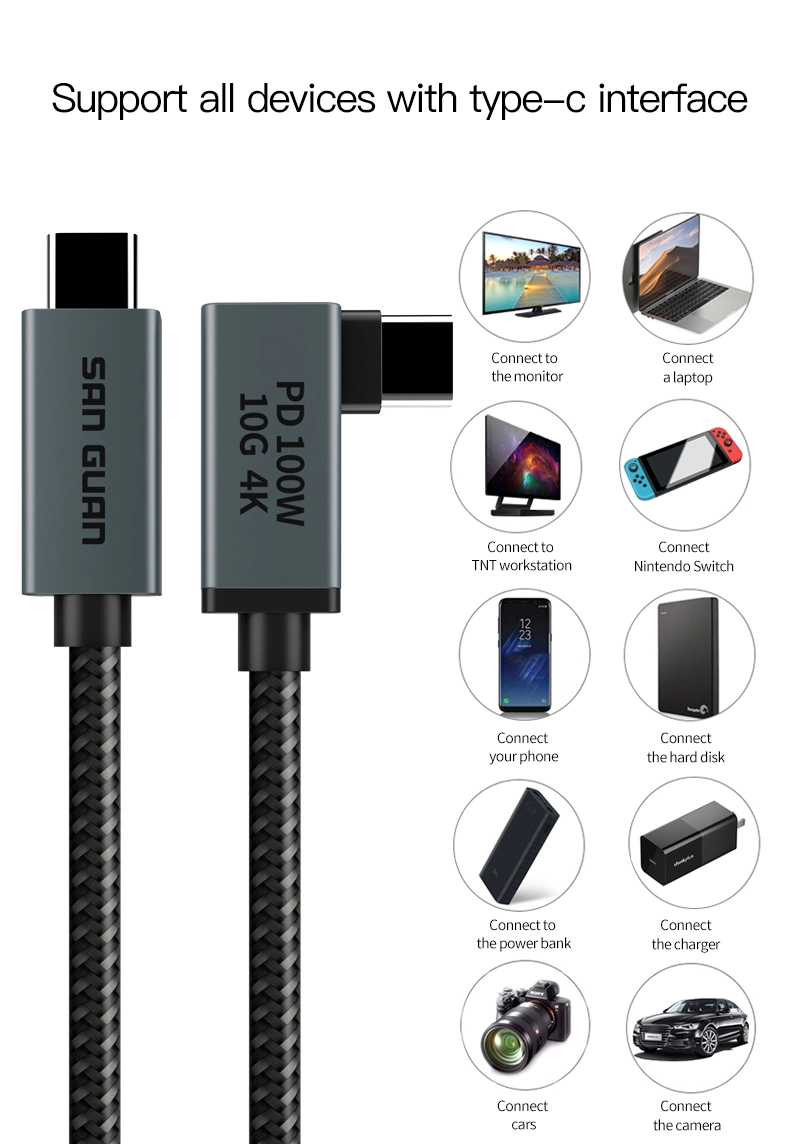 كبل شحن USB 3.2 Gen 2 Right Angle USB C دعم 5 أمبير 100 واط للشحن السريع والصوت فيديو 4K 60 هرتز الإخراج