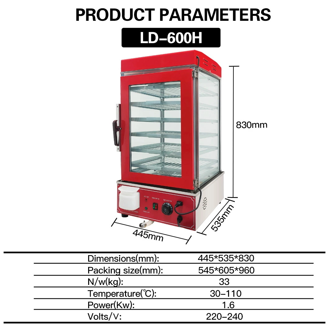 Homologación CE LD-600h fábrica Venta directa Acero inoxidable Bun Steamer Pantalla de alimentos eléctrica Control automático de temperatura 6 pantalla de capas caliente Pantalla del calentador de alimentos