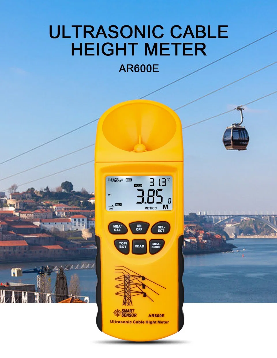 Medidor de altura por cabo ultra-sónico 6 cabos medição LCD Display Range (altura 3-23m, plano 3-15m) Smart Sensor Ar600e