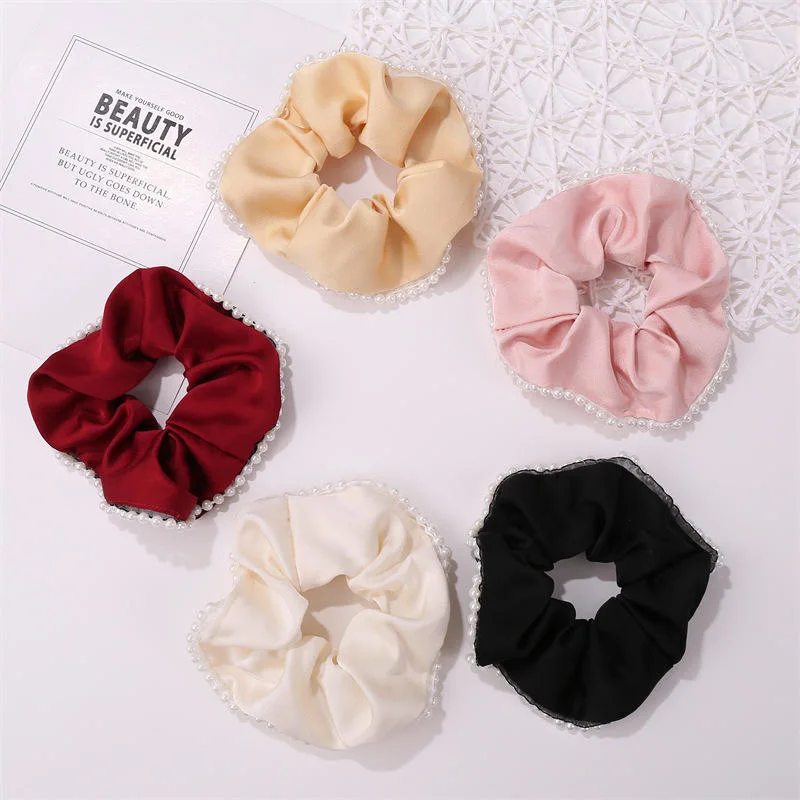 Wholesale Custom New Style Satin Silk Scrunchies Elegant Pearl Sweet Elastic Hair Bands