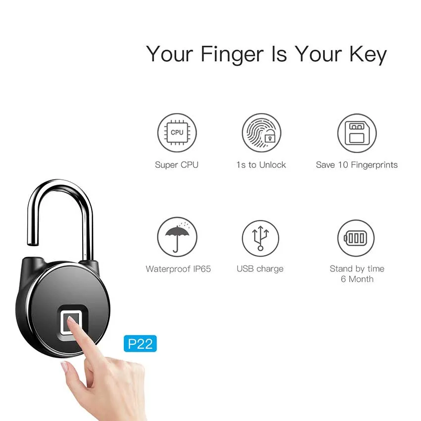Rechargeable Fingerprint Smart Lock IP65 Waterproof Anti-Theft Security Padlock Door Luggage Case Keyless