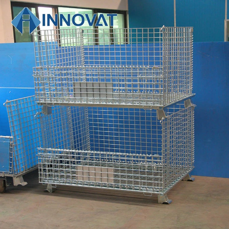 Foldable Galvanized Portable Storage Cage Metal Box Wire Mesh Container for Warehouse