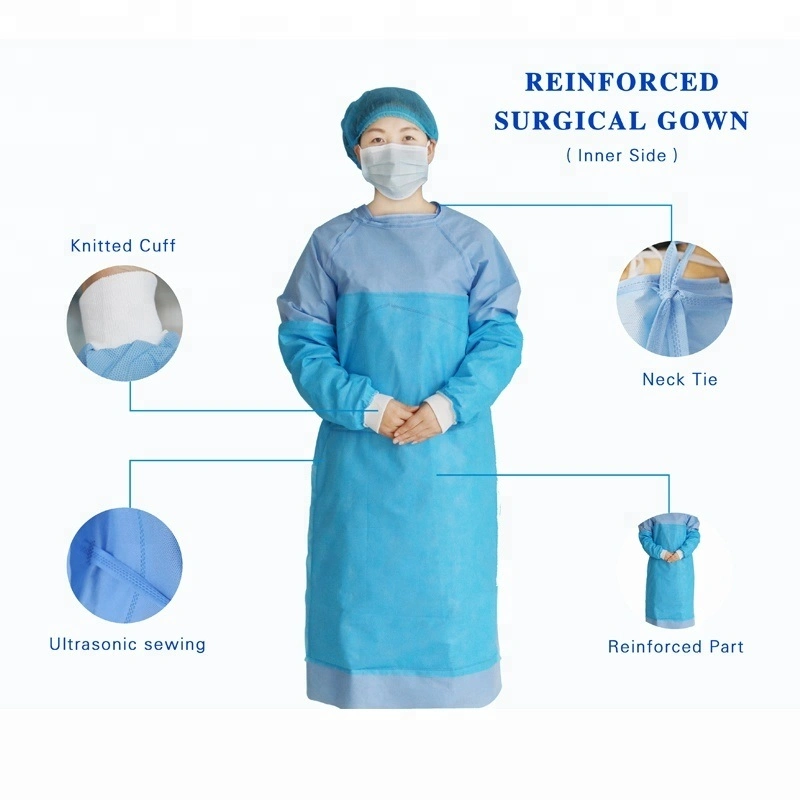 Medical Instrument Nonwoven Disposable Blue Gown SMS Gown Fabric Medical PPE Gown CE/FDA/ISO Top Fastest Prodcution in The Market