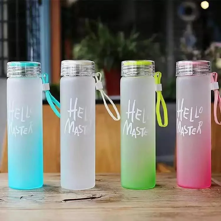 Wholesale/Supplier Gift Letter Bottle Colorful Frosted Portable Drinking Cheap Glass Water Bottle with Lid